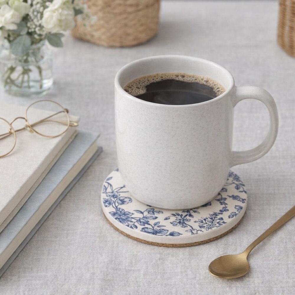 Handcrafted Blue Botanical Ceramic Coasters | Vintage Floral Drinkware Set